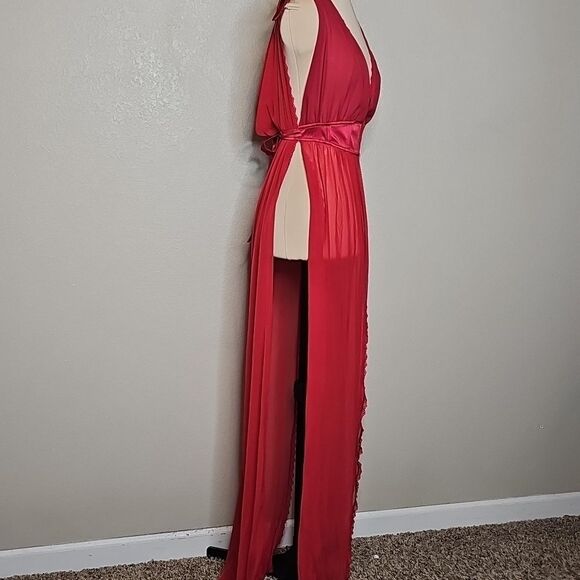 Oh La La Cheri Paris Red Maxi Lingerie Dress Small/Medium Drape Back Waist Cinch - Picture 3 of 12